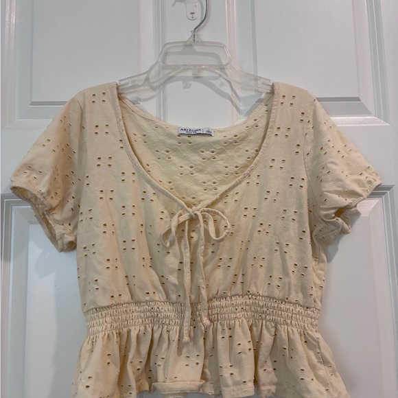 Arizona Jean Company Tops - Arizona Butter Yellow Eyelet Tie-Front Scoop Neck Peplum Smocked Waist‎ Crop